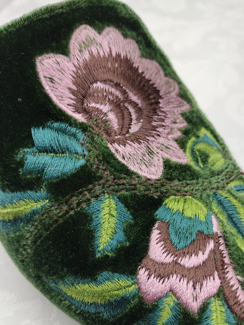 Weiweinvlang Dark Green Floral Embroidered Velvet Point Toe Low Heel Mule Shoe - Picture 13 of 16